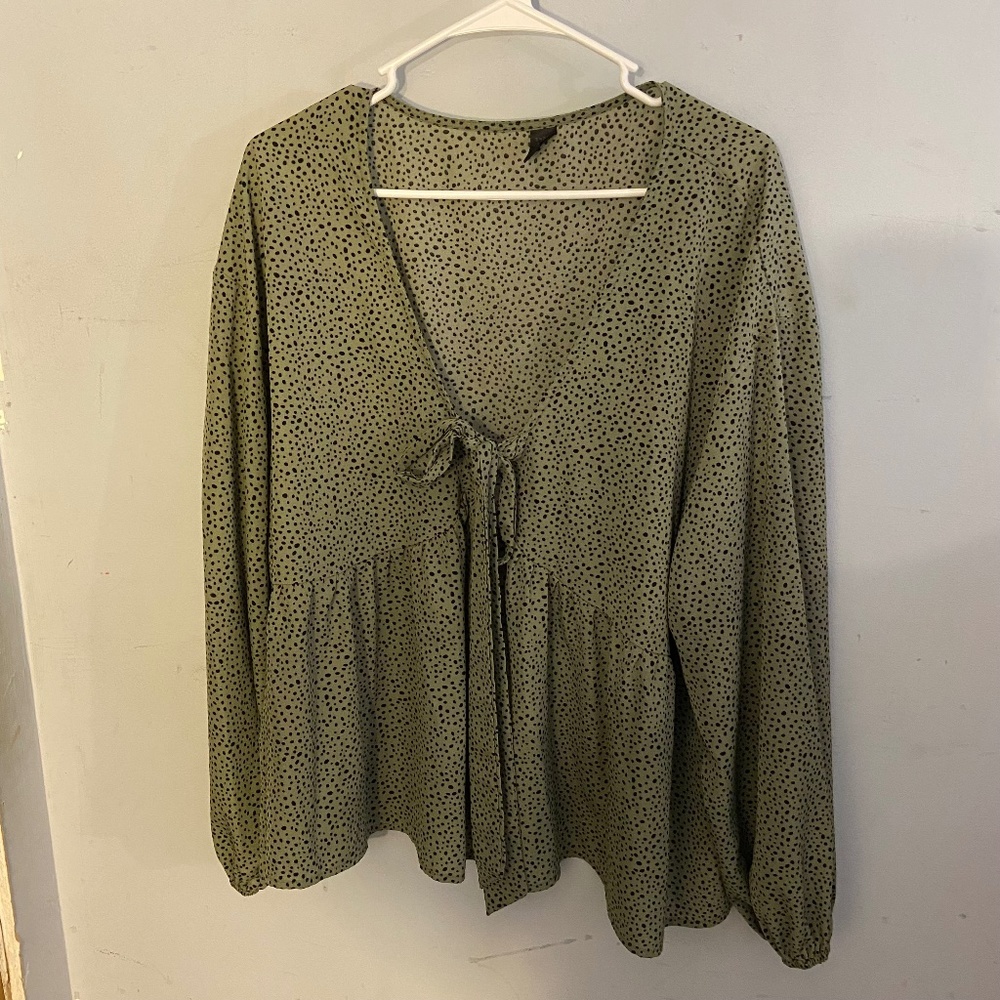 SHEIN Tie Front Blouse, Green with Black Dot Detail